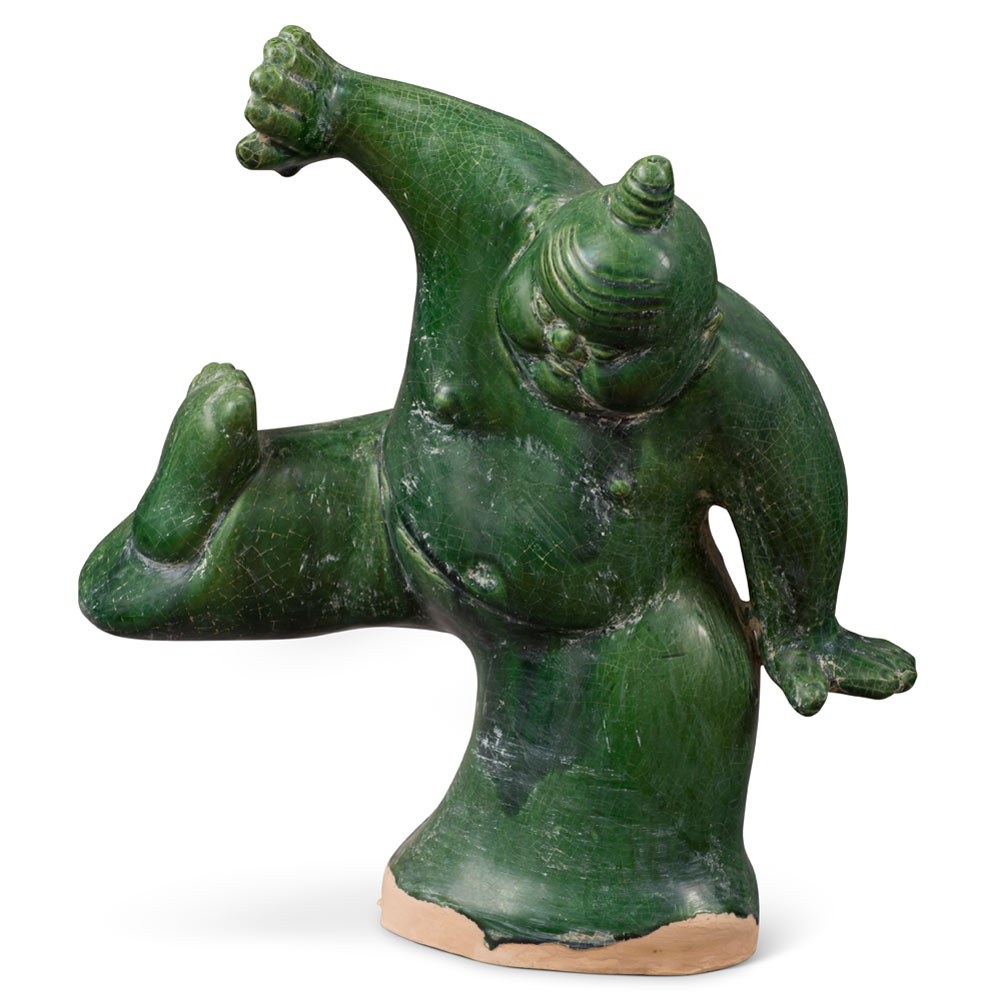 Tang Dynasty Green Glazed Ceramic Jiaodi Wrestlers - Set of 2 (Large & Small)