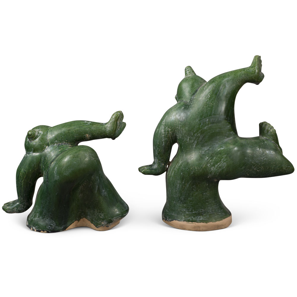 Tang Dynasty Green Glazed Ceramic Jiaodi Wrestlers - Set of 2 (Large & Small)