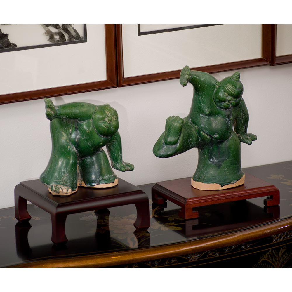 Tang Dynasty Green Glazed Ceramic Jiaodi Wrestlers - Set of 2 (Large & Small)