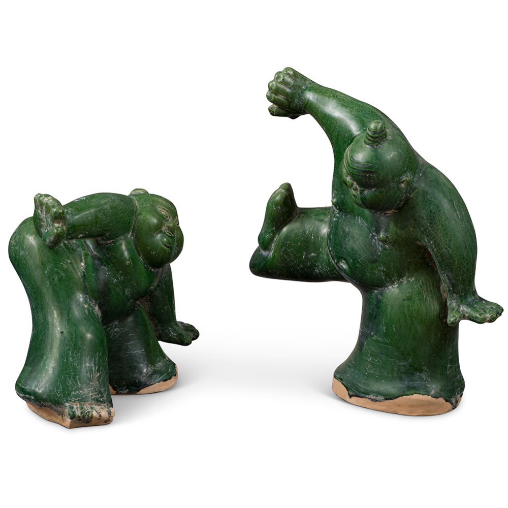 Tang Dynasty Green Glazed Ceramic Jiaodi Wrestlers - Set of 2 (Large & Small)