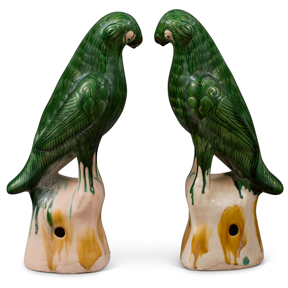 Large Green Glazed Ceramic Standing Parrots - Set of 2