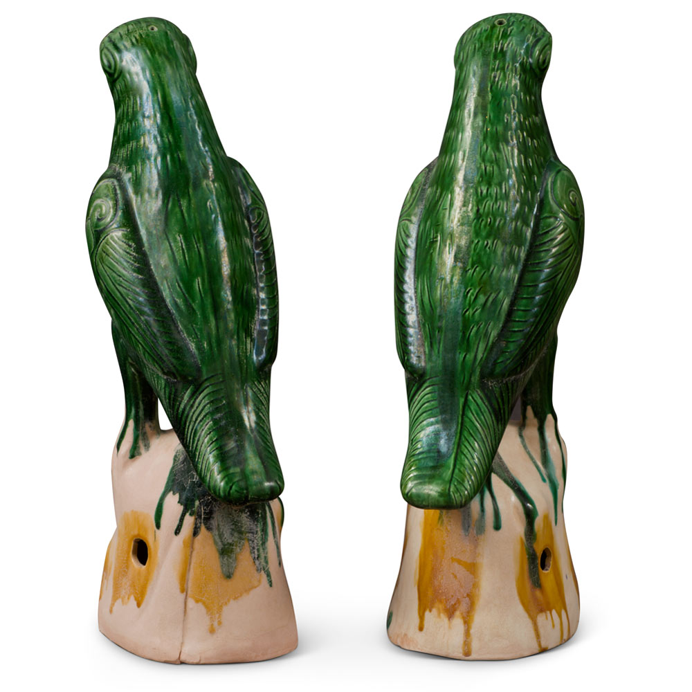 Large Green Glazed Ceramic Standing Parrots - Set of 2