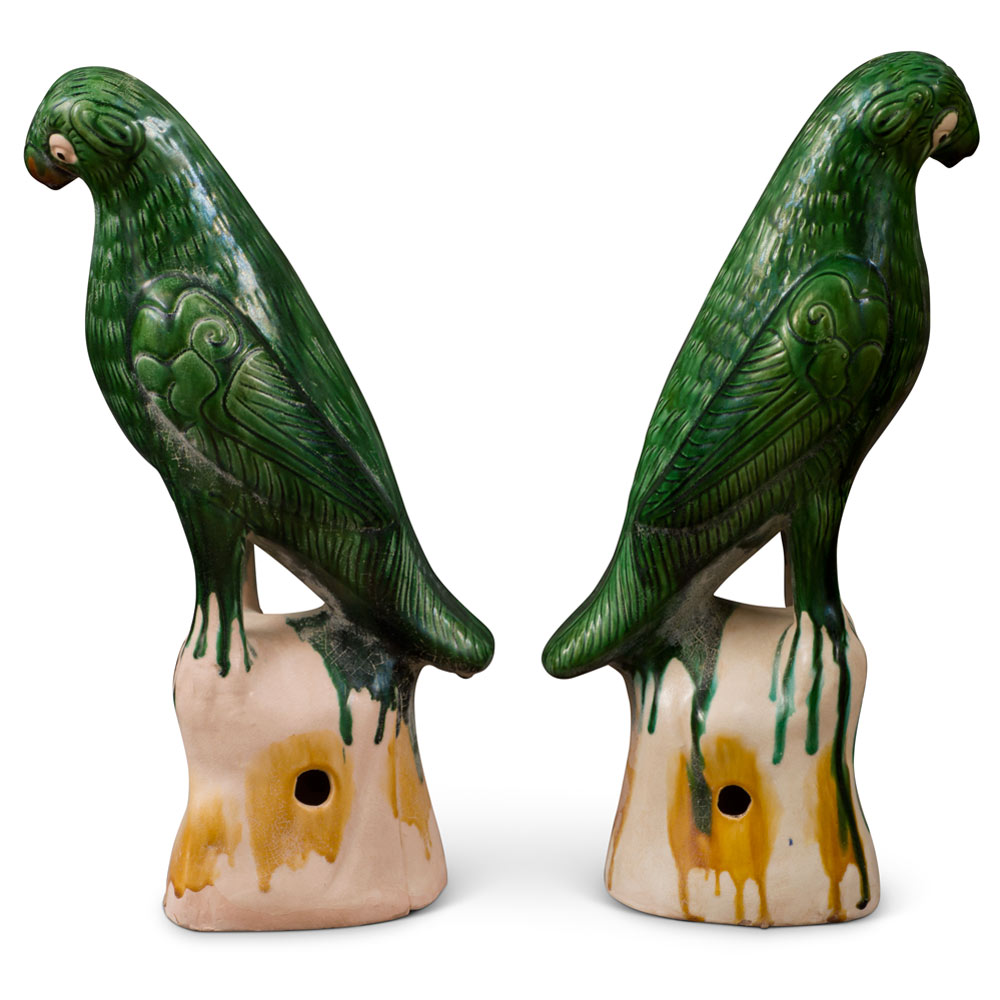 Large Green Glazed Ceramic Standing Parrots - Set of 2