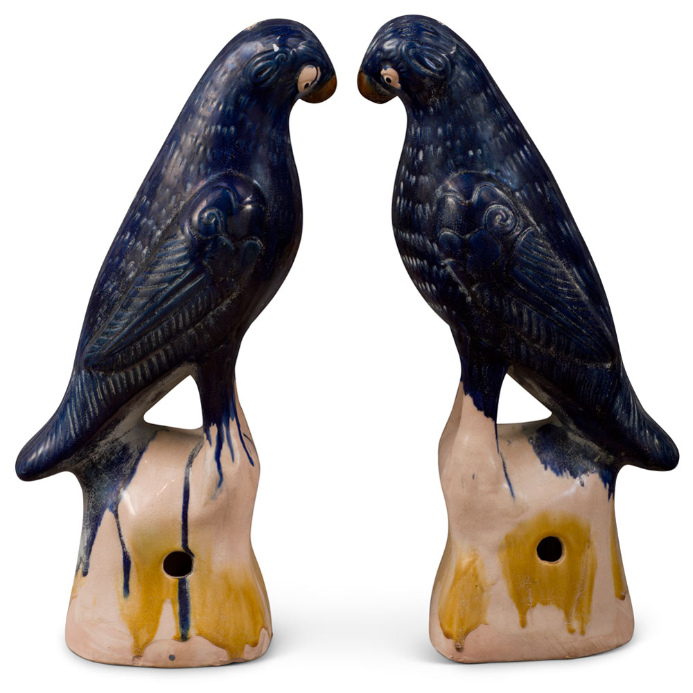 Large Blue Glazed Ceramic Standing Parrots - Set of 2