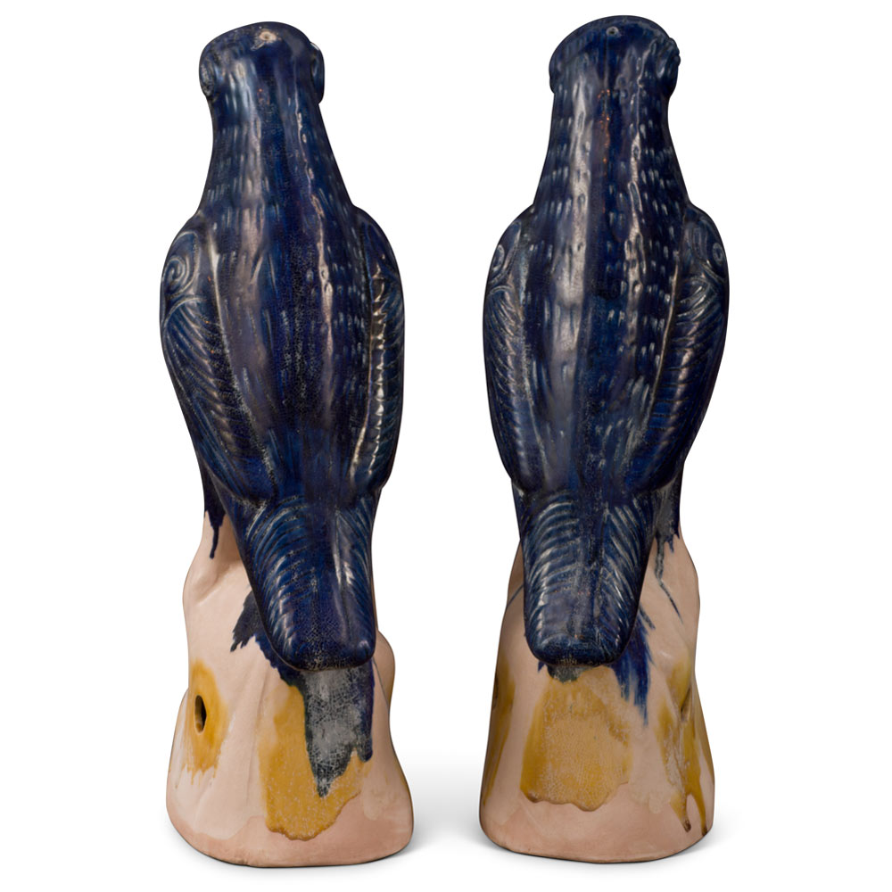 Large Blue Glazed Ceramic Standing Parrots - Set of 2