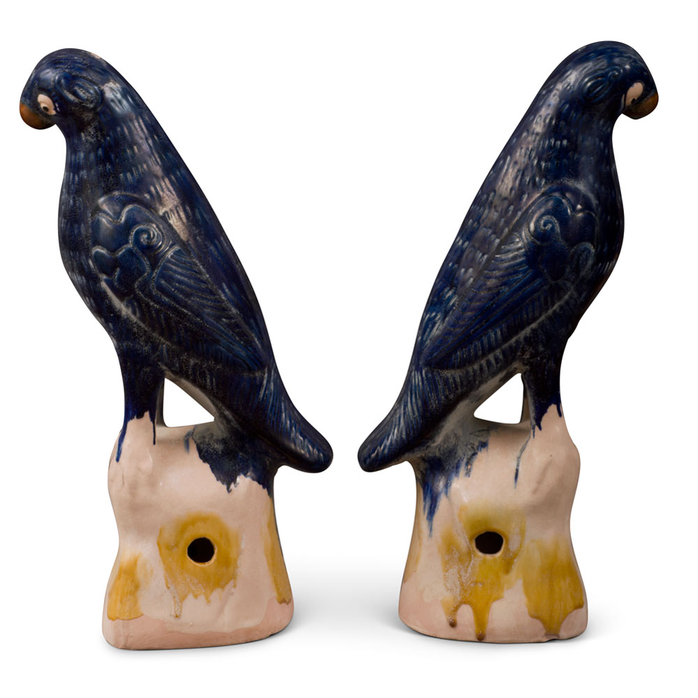 Large Blue Glazed Ceramic Standing Parrots - Set of 2