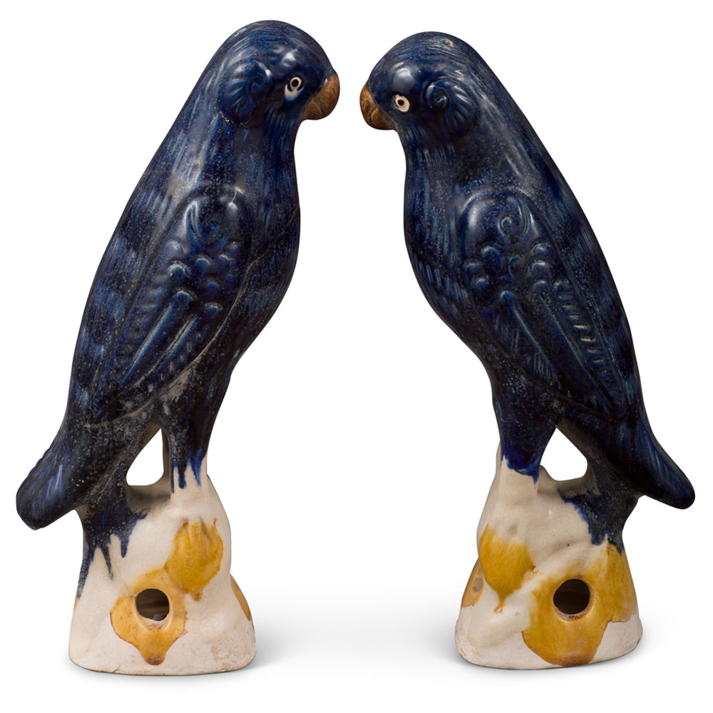 Medium Blue Glazed Ceramic Standing Parrots - Set of 2