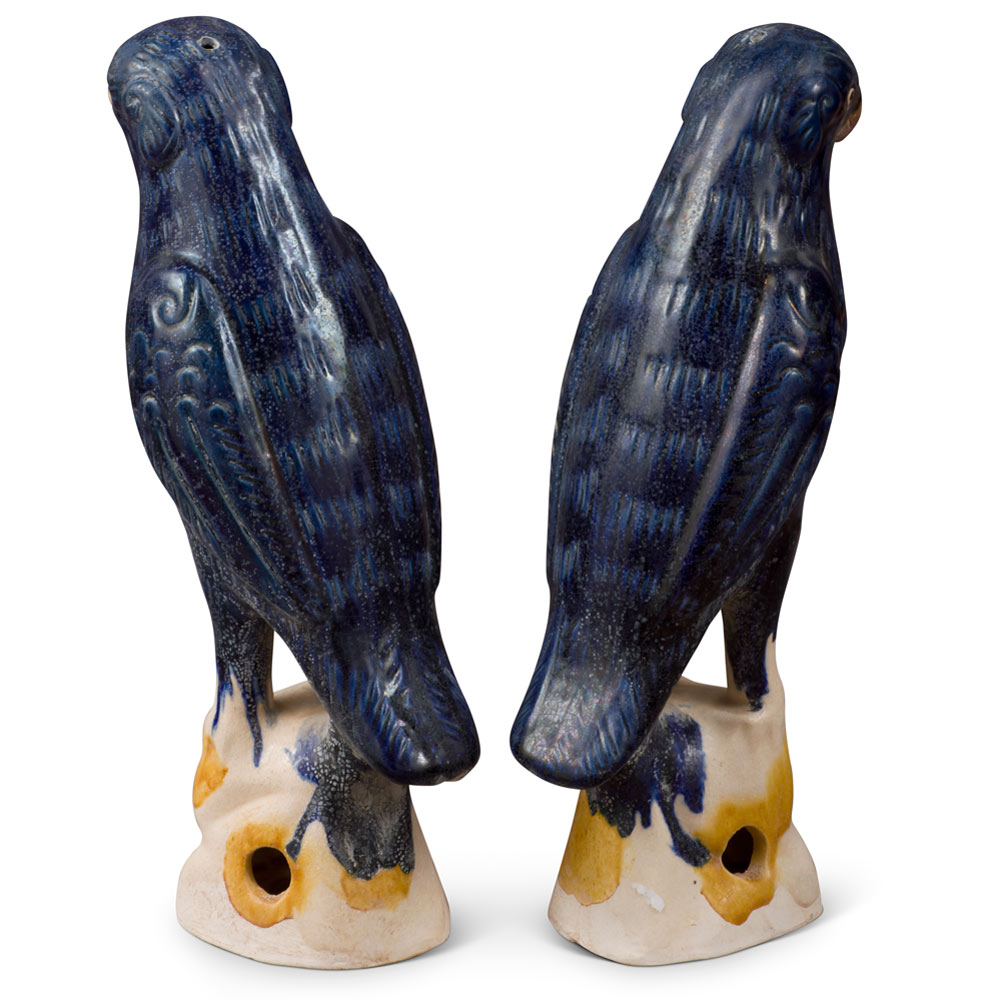 Medium Blue Glazed Ceramic Standing Parrots - Set of 2