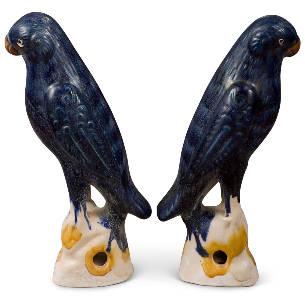 Medium Blue Glazed Ceramic Standing Parrots - Set of 2