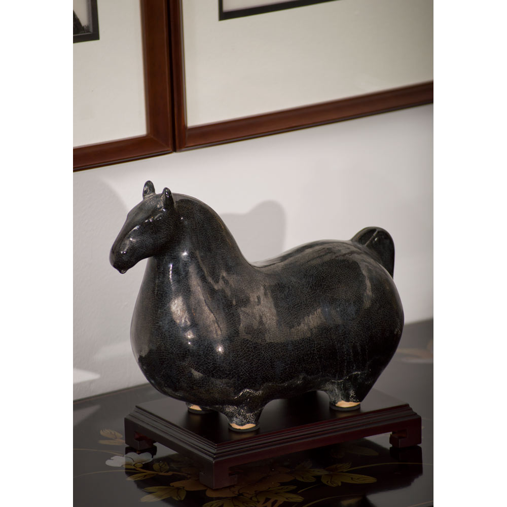 Black Crackle Tang Glazed Ceramic Sitting Horse Oriental Statue