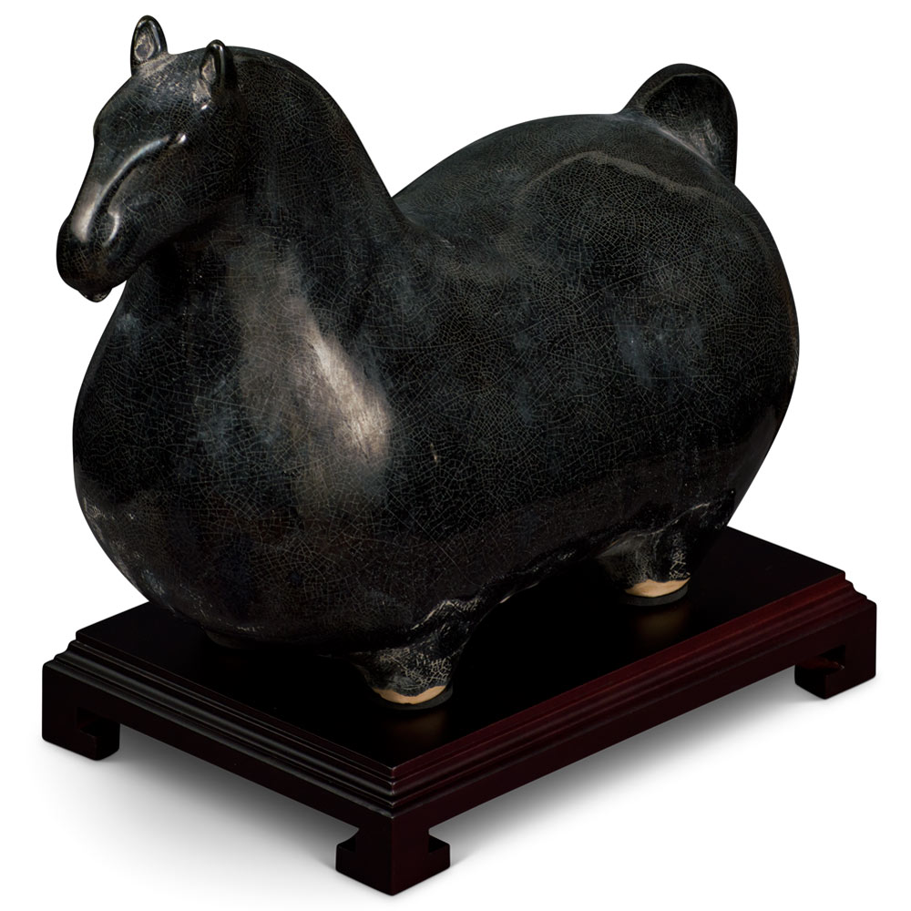 Black Crackle Tang Glazed Ceramic Sitting Horse Oriental Statue