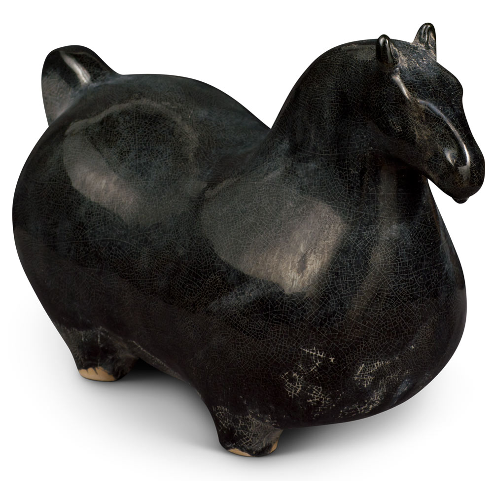 Black Crackle Tang Glazed Ceramic Sitting Horse Oriental Statue