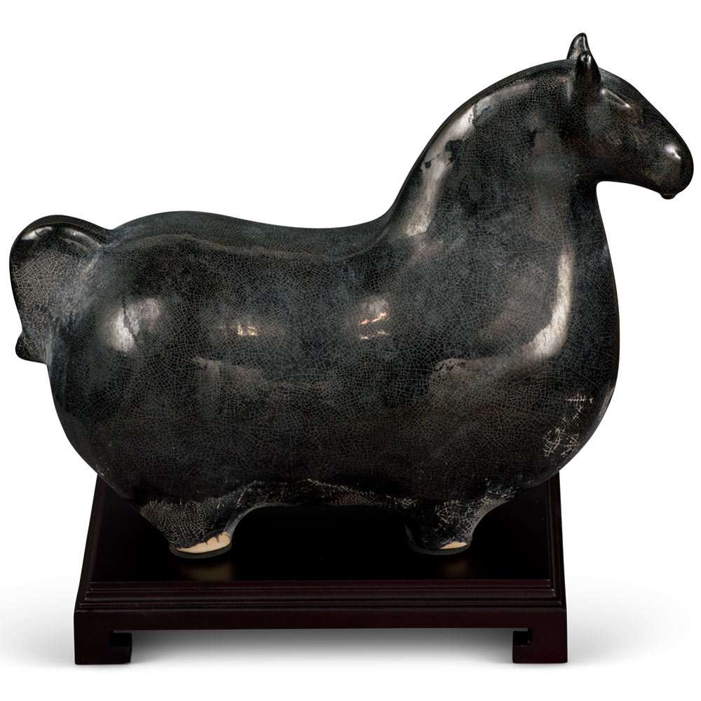 Black Crackle Tang Glazed Ceramic Sitting Horse Oriental Statue