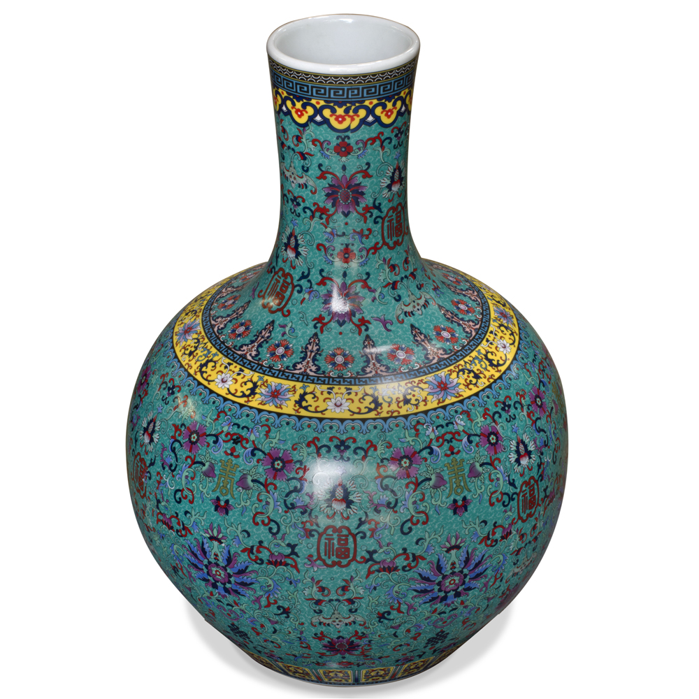 Blue Porcelain Temple Vase with Chinese Flower Design