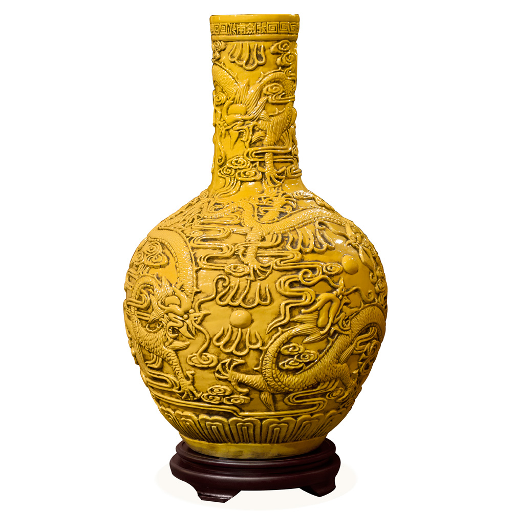 Yellow Porcelain Imperial Dragon Chinese Temple Vase
