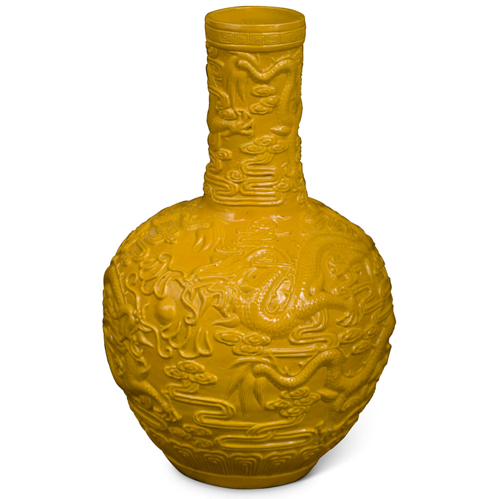 Yellow Porcelain Imperial Dragon Chinese Temple Vase