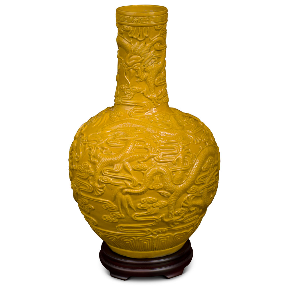 Yellow Porcelain Imperial Dragon Chinese Temple Vase