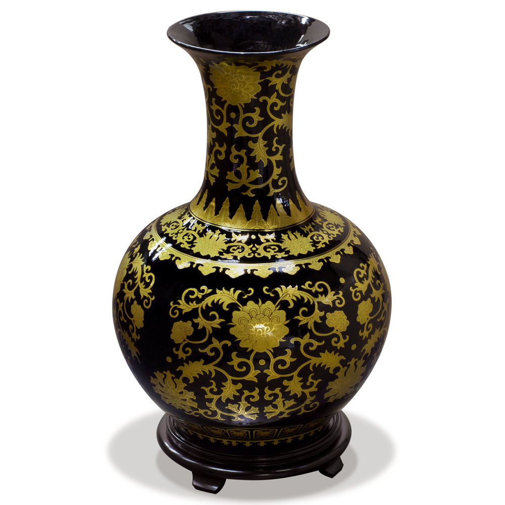 Black and Gold Porcelain Flower and Vine Chinese Temple Vase
