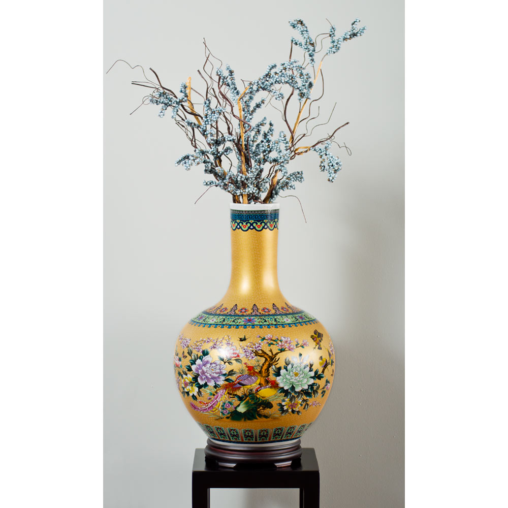 Gold Flower and Birds Chinese Porcelain Temple Vase