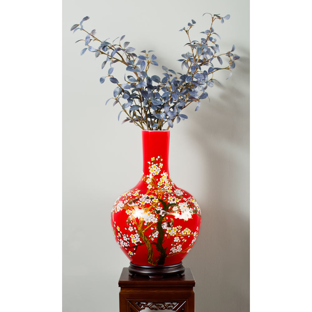 Red Cherry Blossom Chinese Porcelain Temple Vase