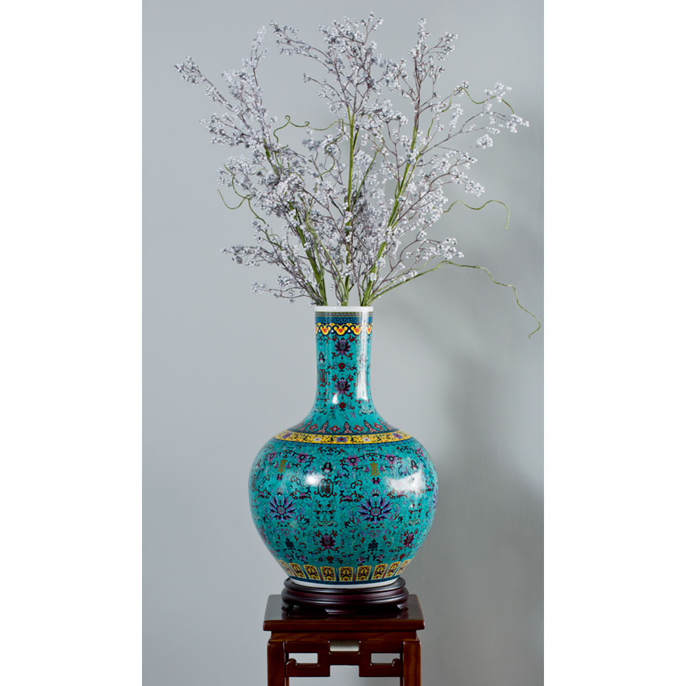 Dark Teal Blue Imperial Chinese Porcelain Temple Vase