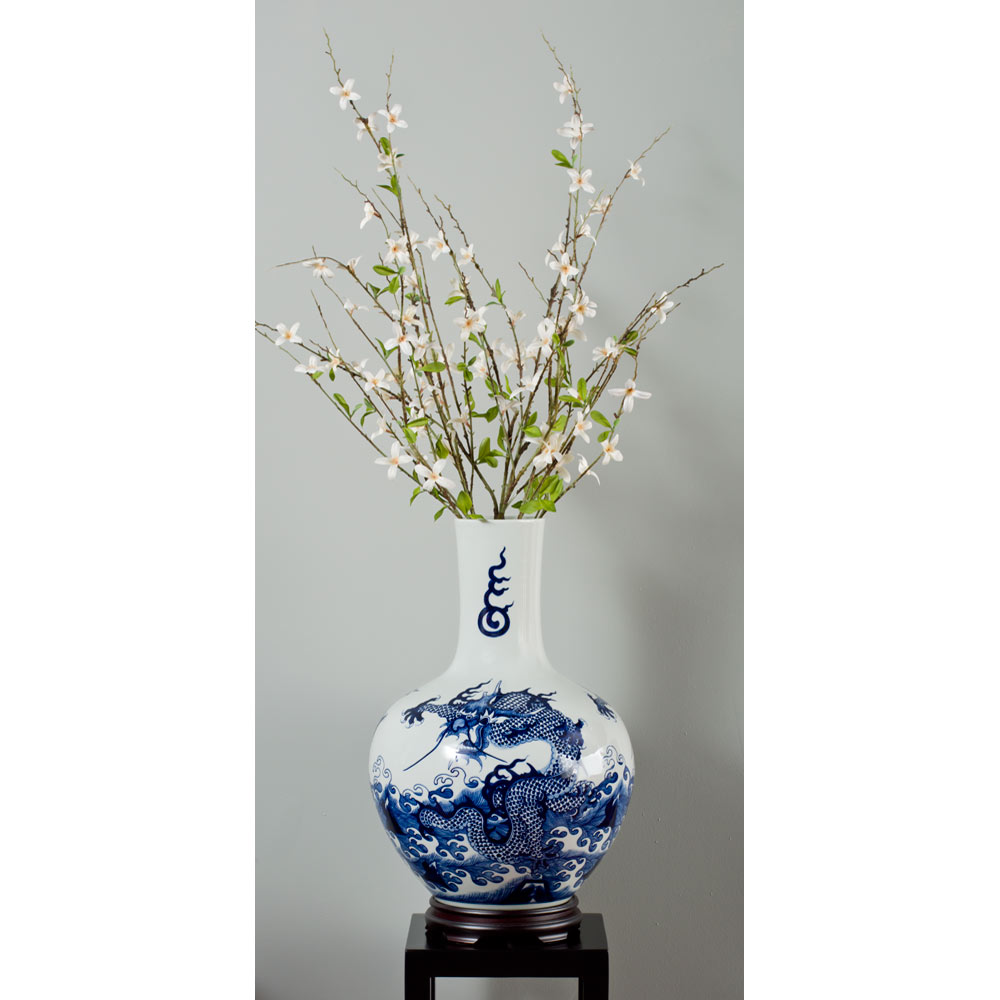 Blue and White Dragon Motif Chinese Porcelain Temple Vase