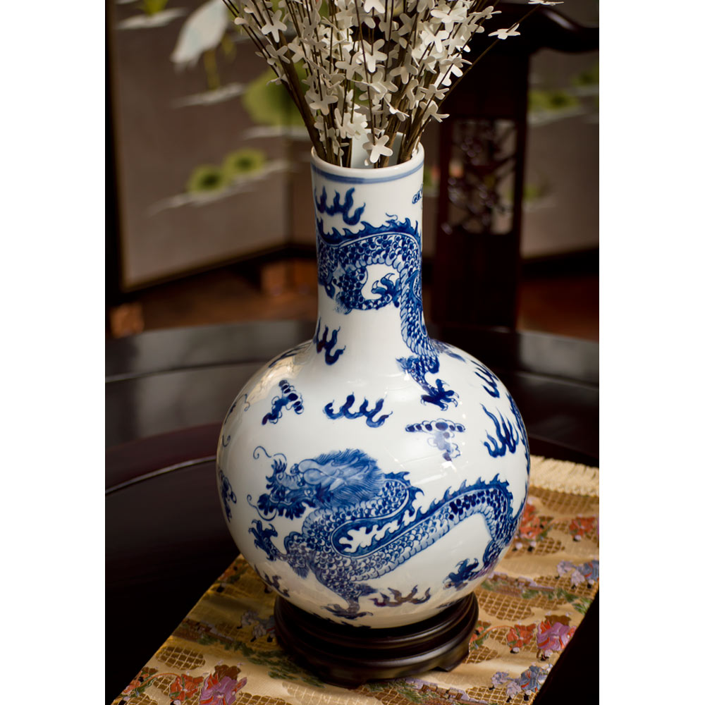 Blue and White Dragon Motif Chinese Porcelain Temple Vase