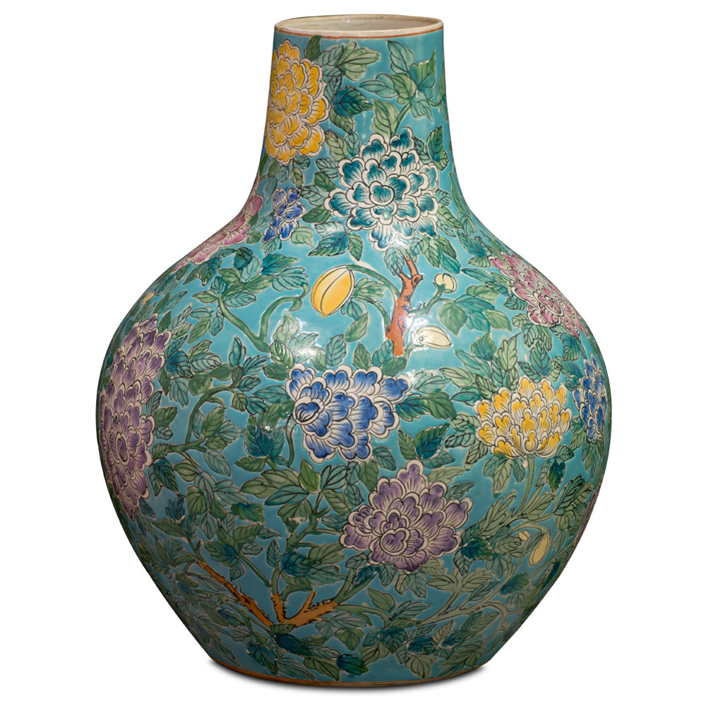 Vintage Teal Blue Peony Flower Chinese Porcelain Temple Vase
