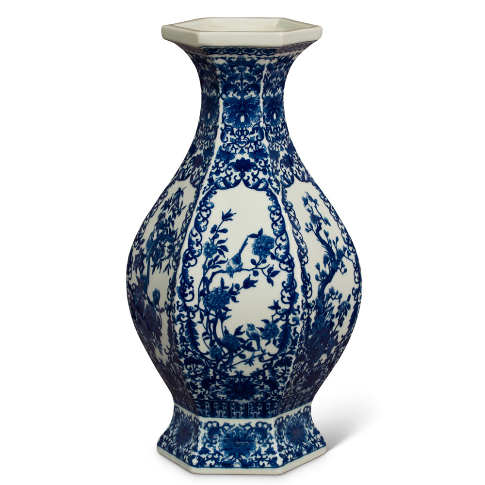 Blue and White Bird and Flower Design Chinese Qing Dynasty Vase