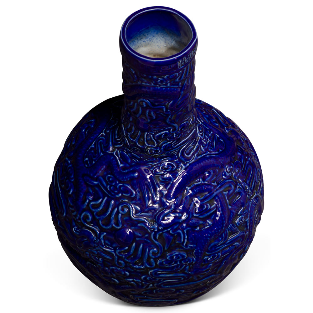 Dark Blue Porcelain Imperial Dragon Motif Chinese Temple Vase