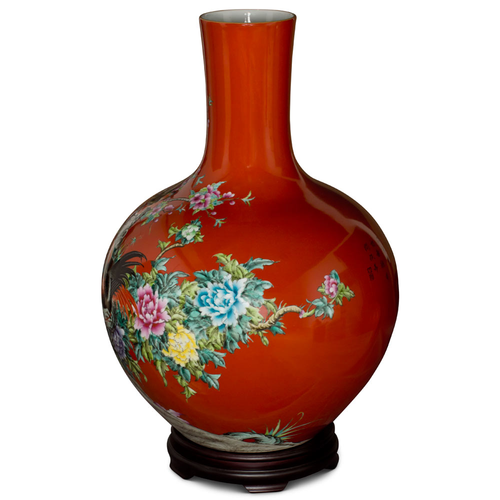 Red Bird and Flower Chinese Porcelain Temple Vase