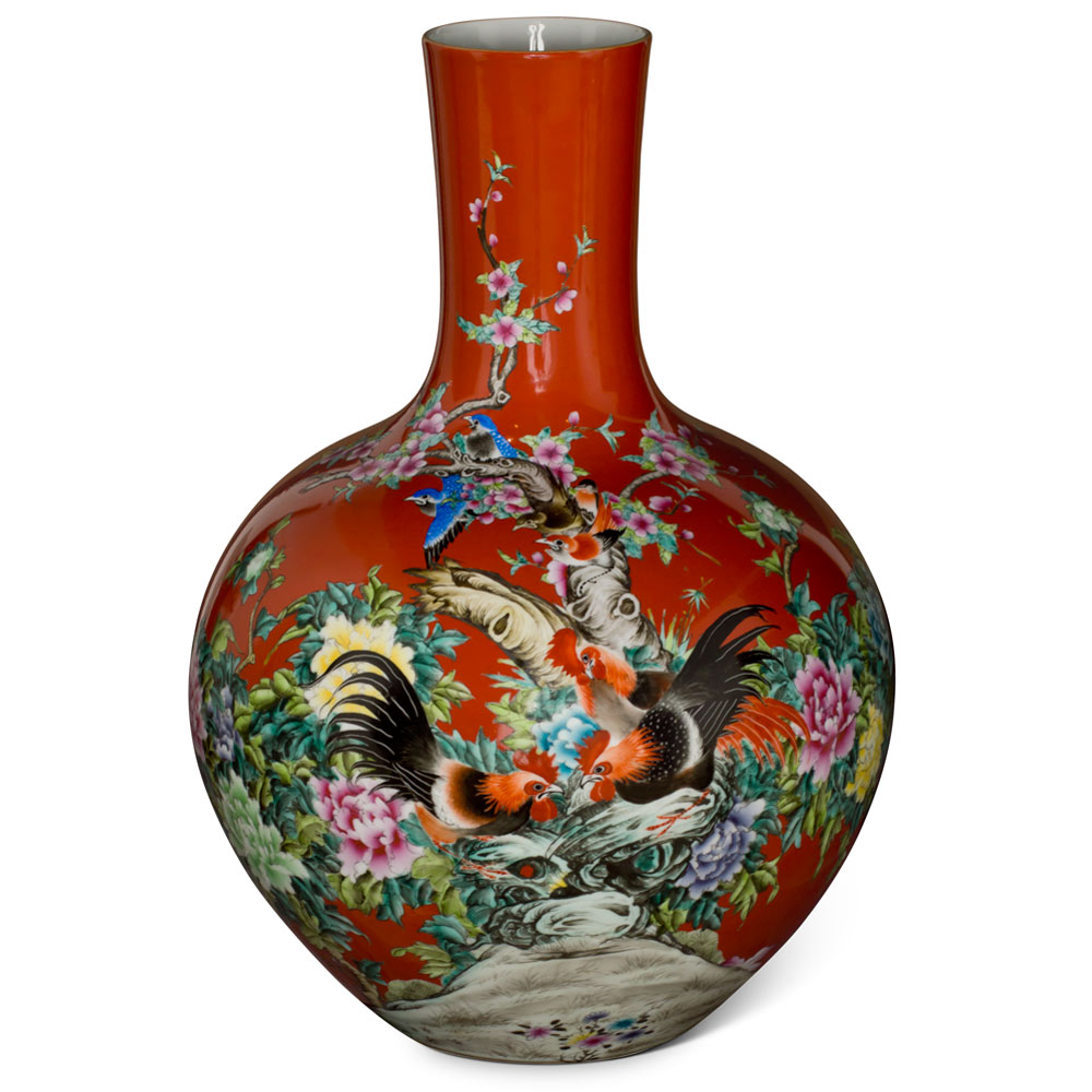 Red Bird and Flower Chinese Porcelain Temple Vase