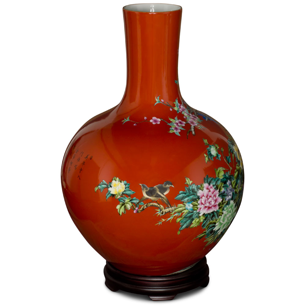 Red Bird and Flower Chinese Porcelain Temple Vase