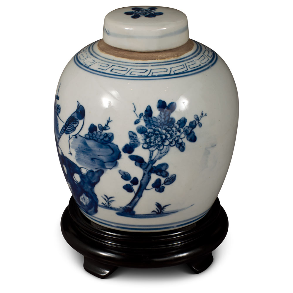 Blue and White Porcelain Bird Flower Motif Chinese Jar