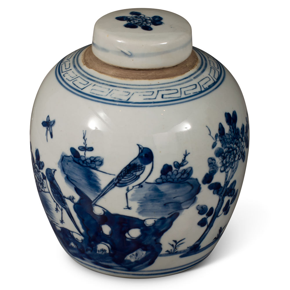 Blue and White Porcelain Bird Flower Motif Chinese Jar