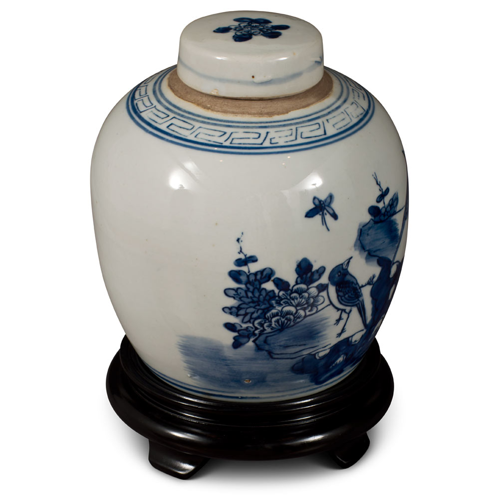 Blue and White Porcelain Bird Flower Motif Chinese Jar