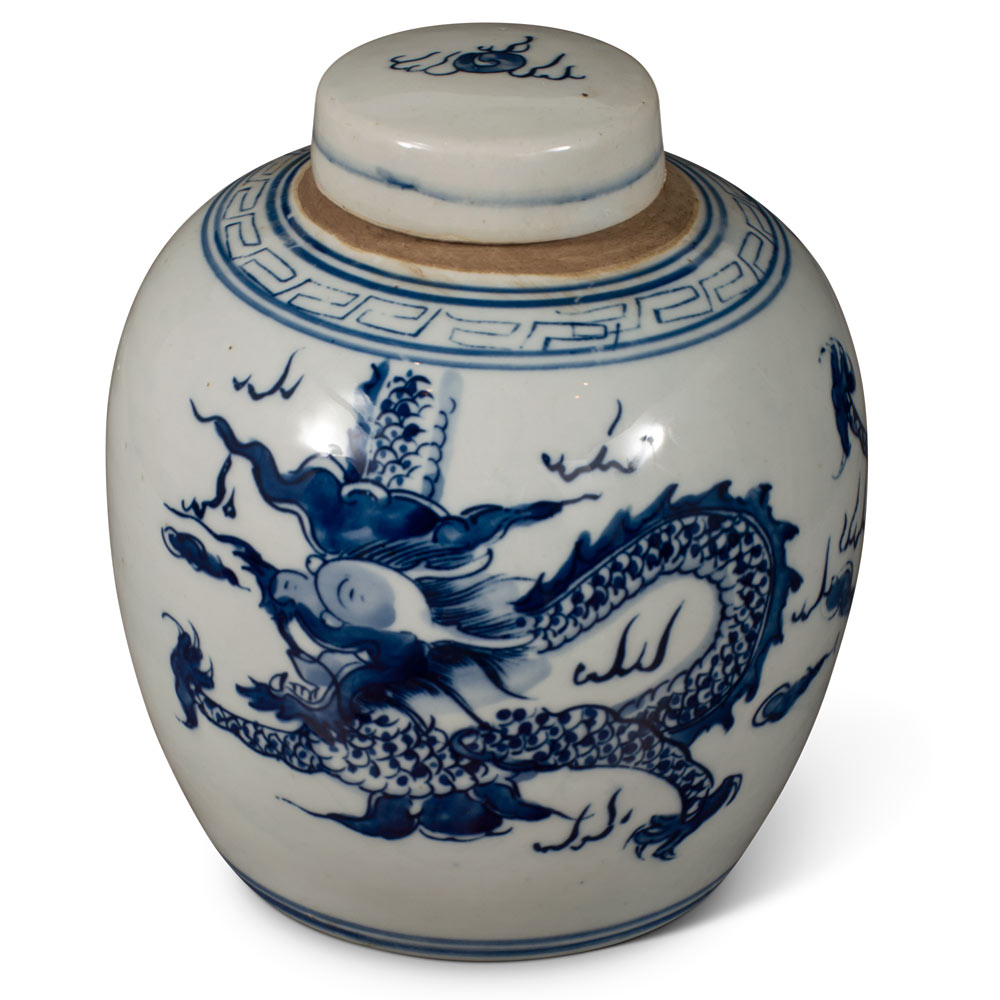 Blue and White Porcelain Dragon Motif Chinese Jar