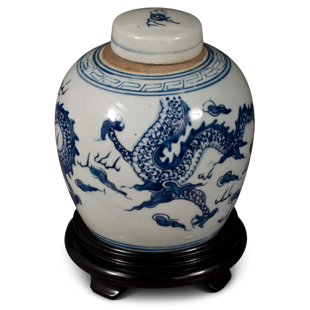 Blue and White Porcelain Dragon Motif Chinese Jar