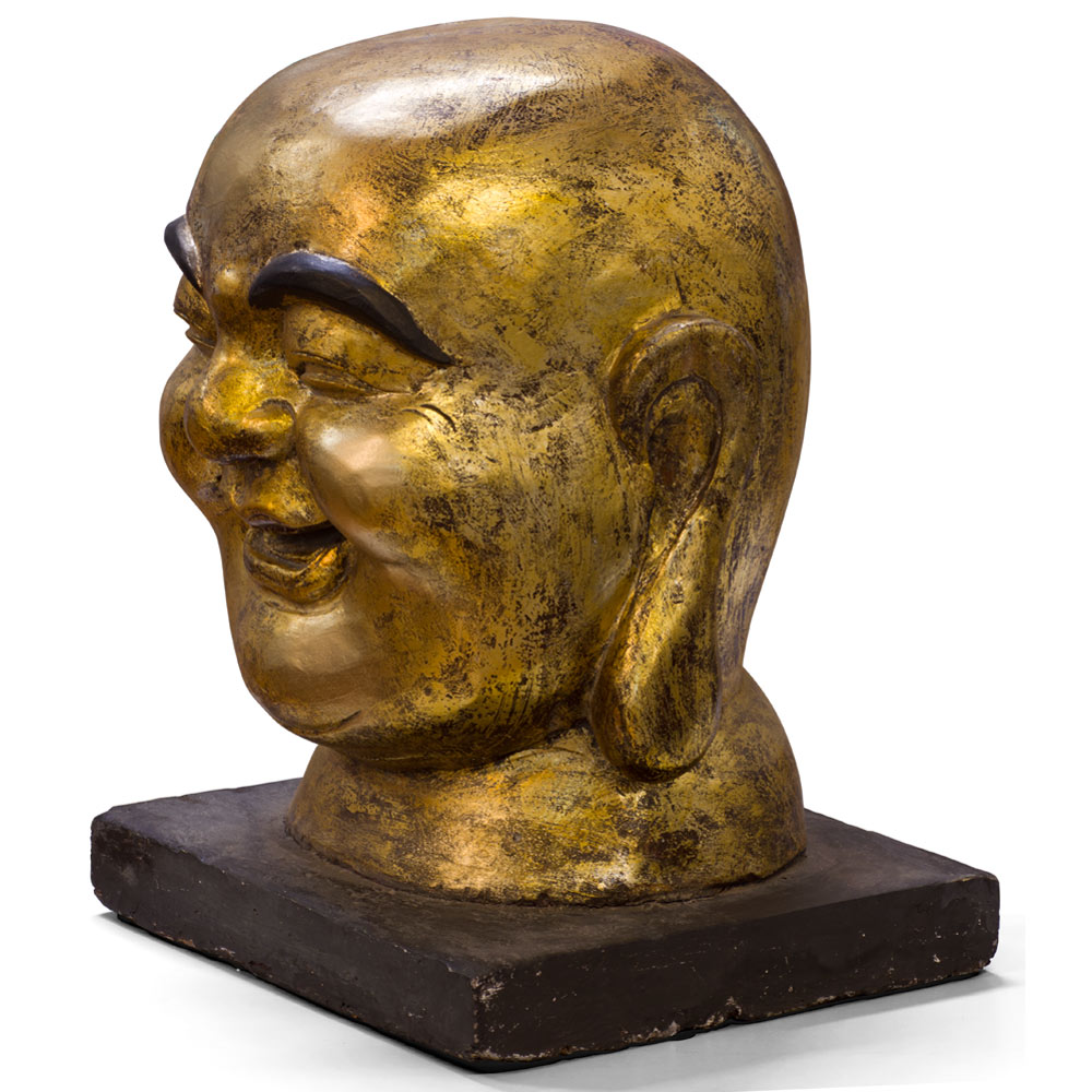 Gilt Wooden Chinese Happy Buddha Head  Sculpture