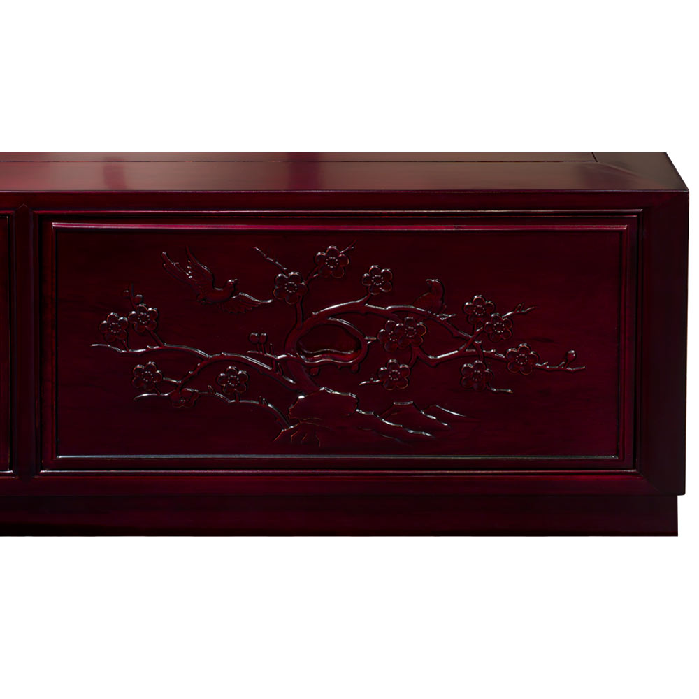 Dark Cherry Rosewood Flower and Bird Full Size Chinese Platform Bed with Drawers