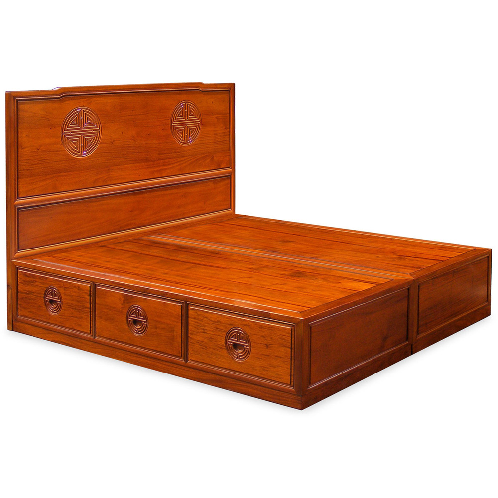 Natural Finish Rosewood Longevity King Size Oriental Platform Bed with Drawers