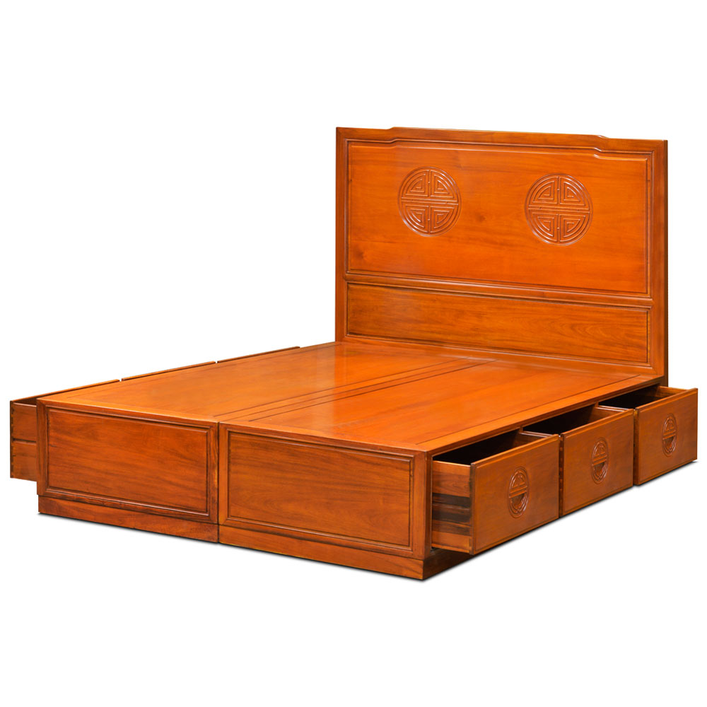 Natural Finish Rosewood Queen Size Chinese Longevity Platform Bed with Drawers