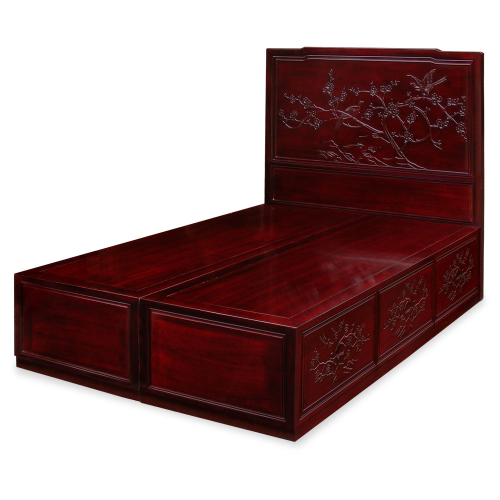 Dark Cherry Rosewood Flower and Bird Queen Size Oriental Platform Bed with Drawers