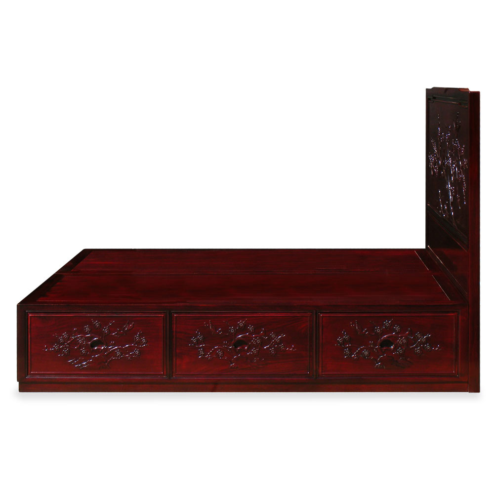 Dark Cherry Rosewood Flower and Bird Queen Size Oriental Platform Bed with Drawers