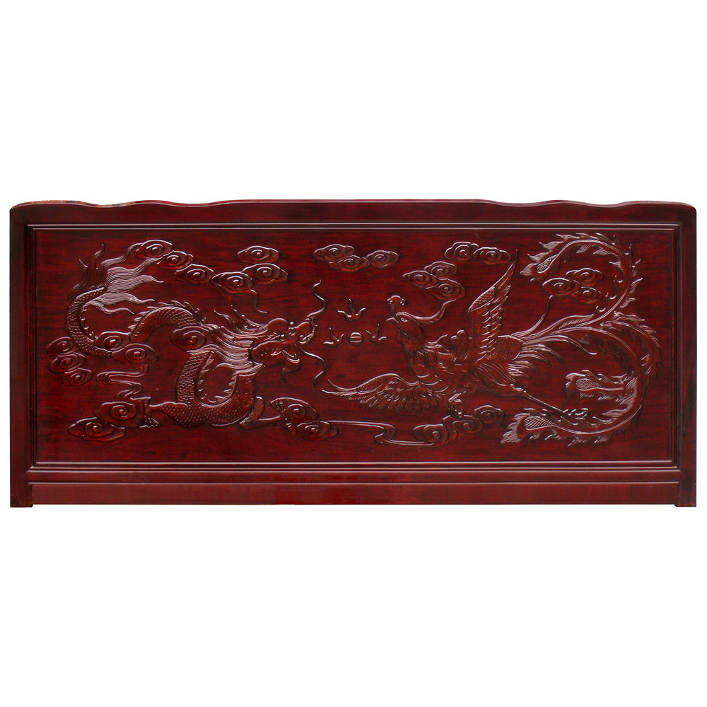 Dark Cherry Rosewood Imperial Dragon and Phoenix King Size Oriental Platform Bed with Drawers