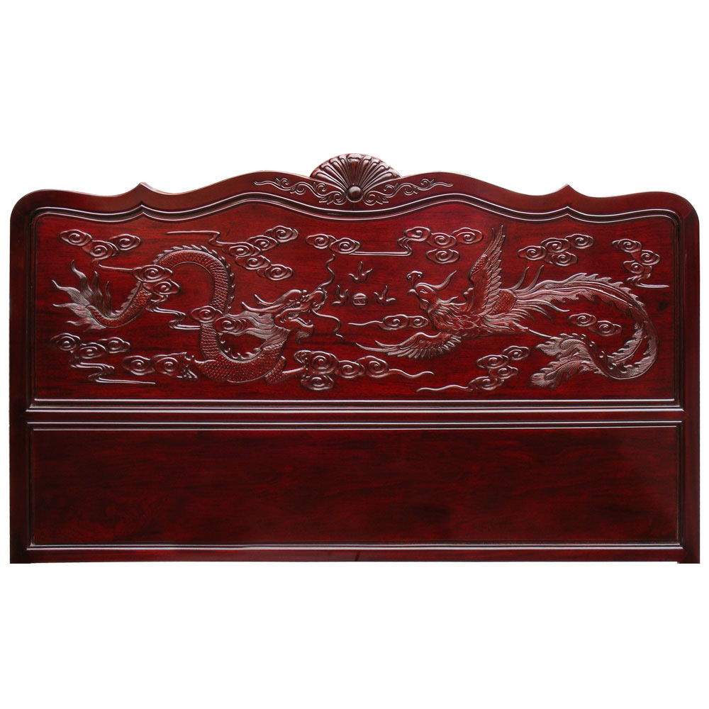 Dark Cherry Rosewood Imperial Dragon and Phoenix King Size Oriental Platform Bed with Drawers