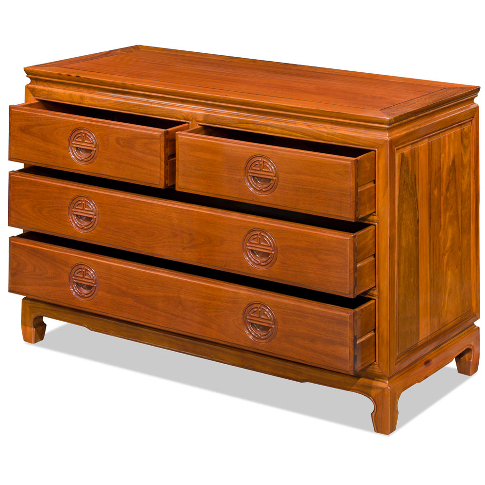 Natural Finish Rosewood Chinese Longevity Chest of 4 Drawers
