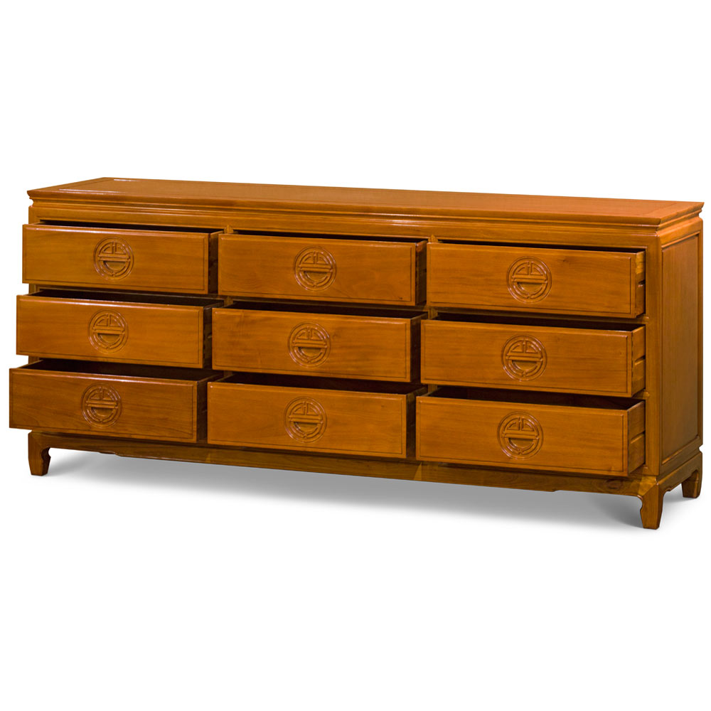 Natural Finish Rosewood Chinese Longevity Chest of 9 Drawers