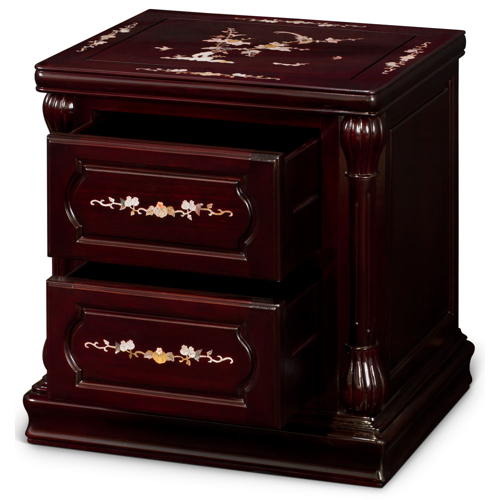 Dark Cherry Rosewood Mother of Pearl Inlay Chinese Nightstand