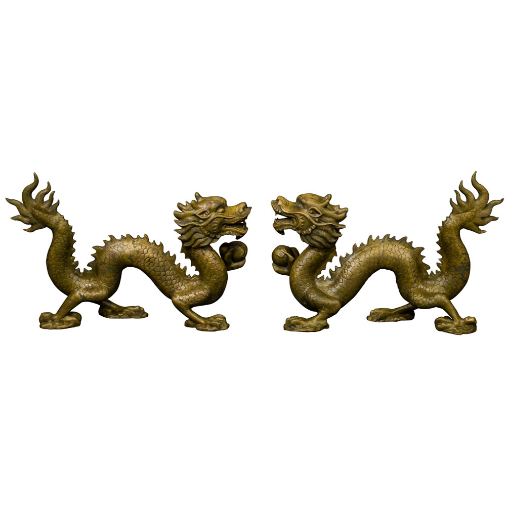 Large Bronze Flying Dragon Oriental Statue Set